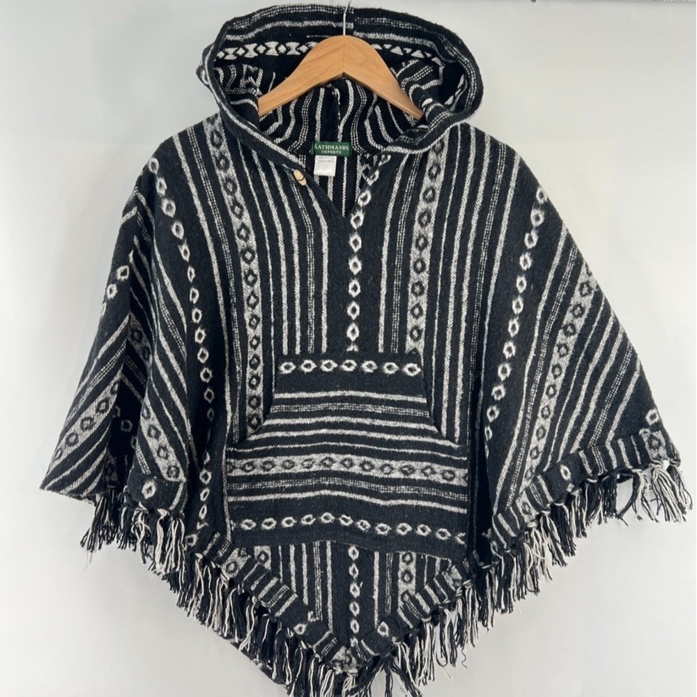 Kathmandu Hooded Poncho One Size Cotton Black White Gheri Hippie Boho Unisex